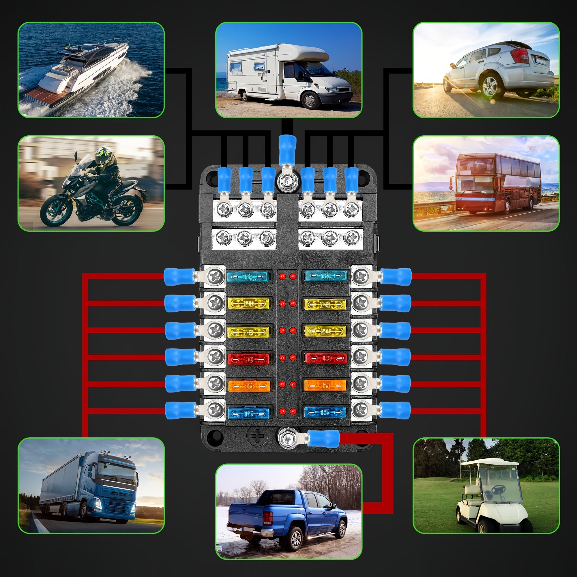 6-Way Fuse Box with LED Indicator Metal Automotive Marine Grade 12V