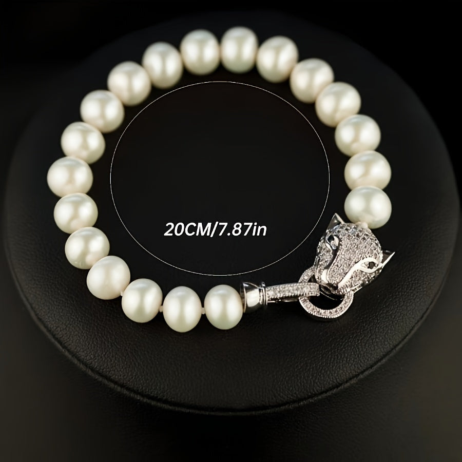 Unisex Pearl Jewelry Set with Leopard Head Clasp and 8-9mm Freshwater Pearls