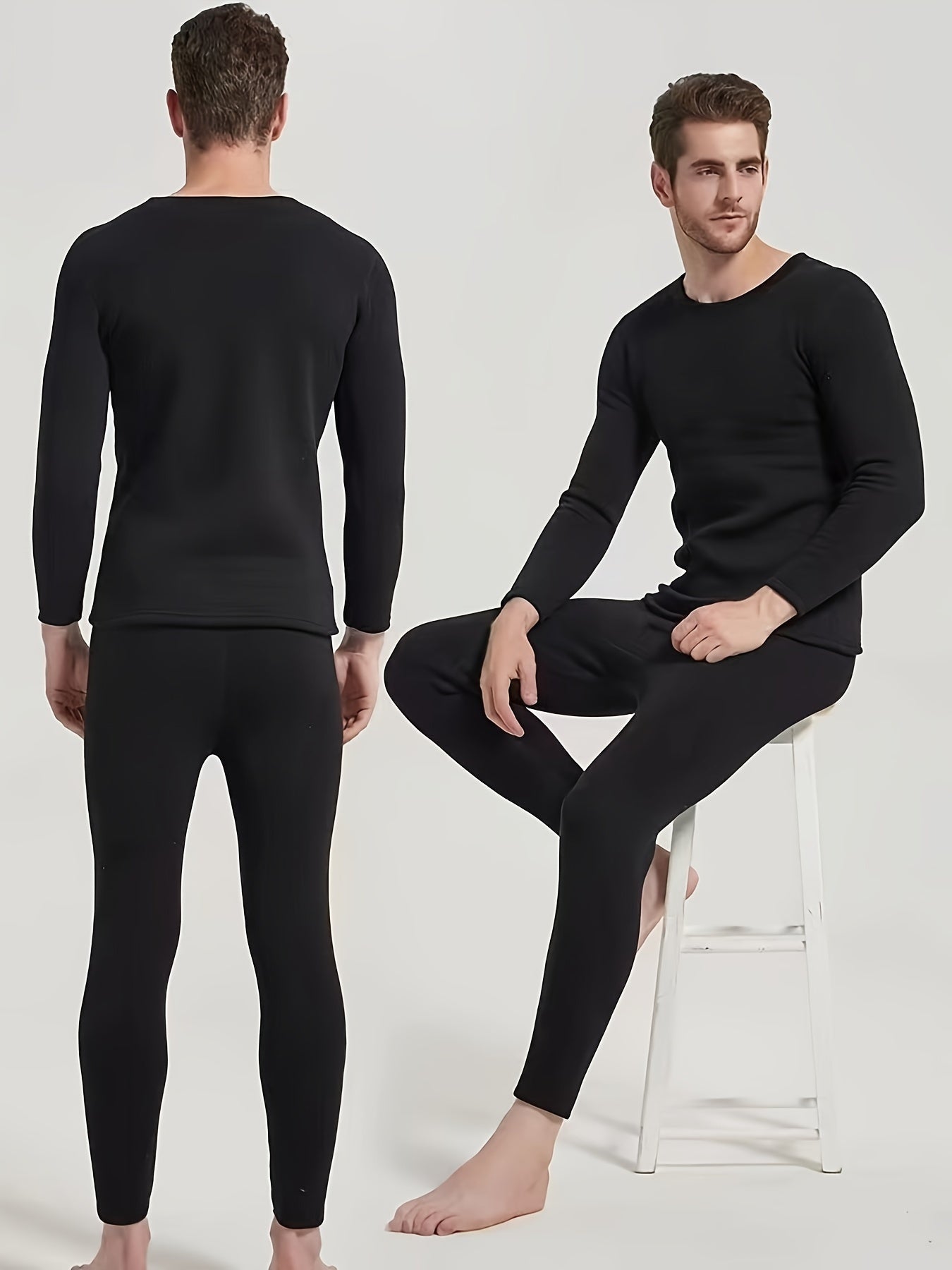 Men's Winter Thermal Underwear Set Fleece-Lined Long Sleeve Crew Neck and Pants