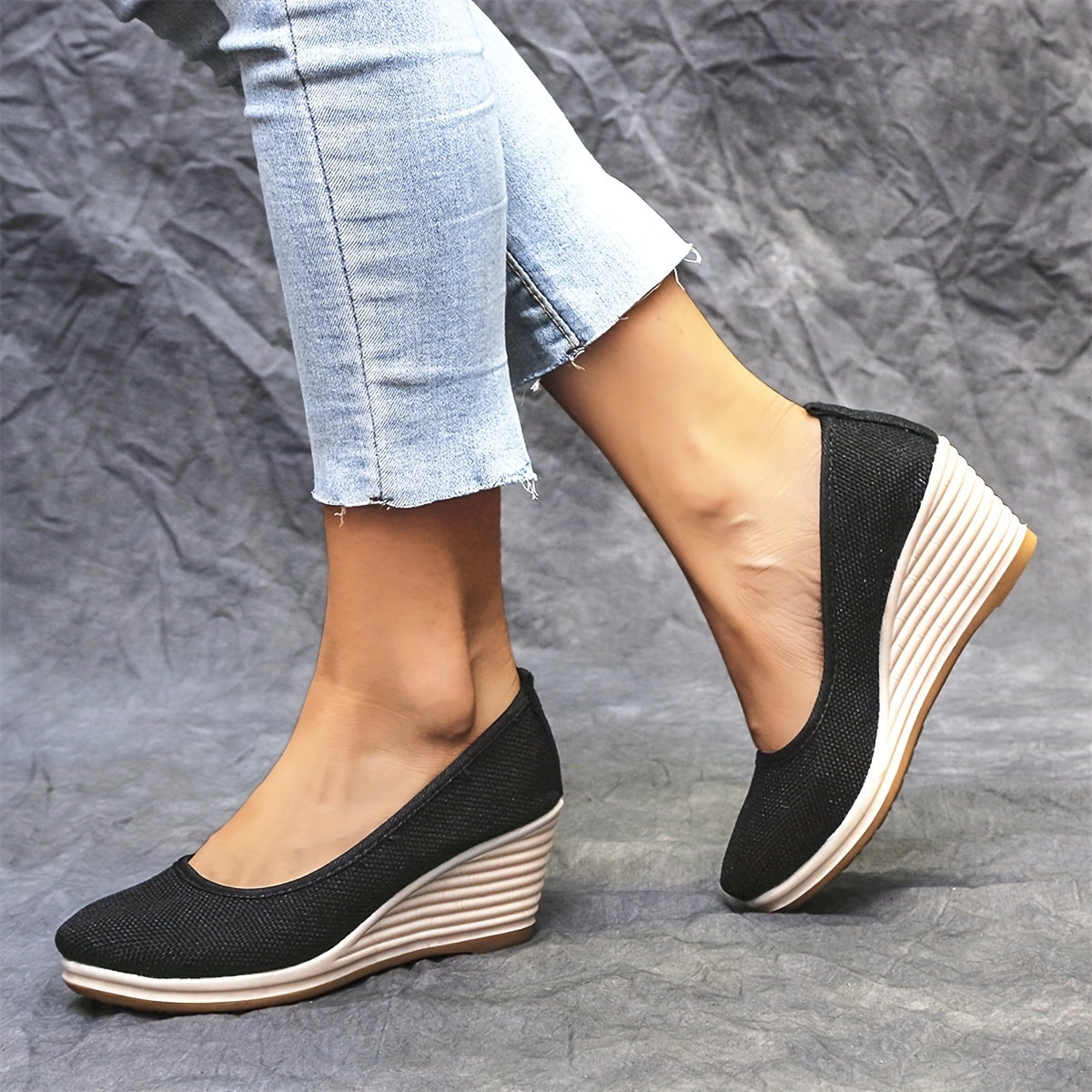 Women's Bohemian Breathable Fabric Wedge Heel Shoes Black Natural Jute Platform