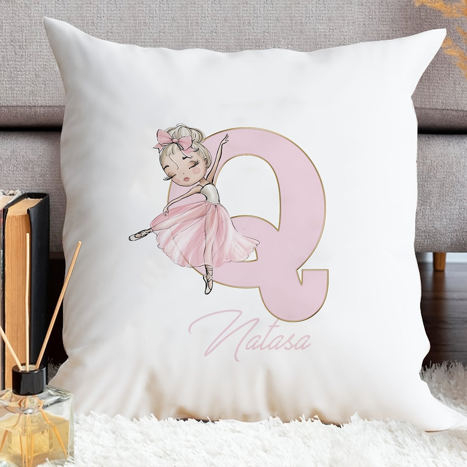 Shaxsiylashtirilgan samoviy yostiq qopqog'i, balet qiz dizayni bilan, pushti harflar, divan uchun dekor, bitta tomonli bosma