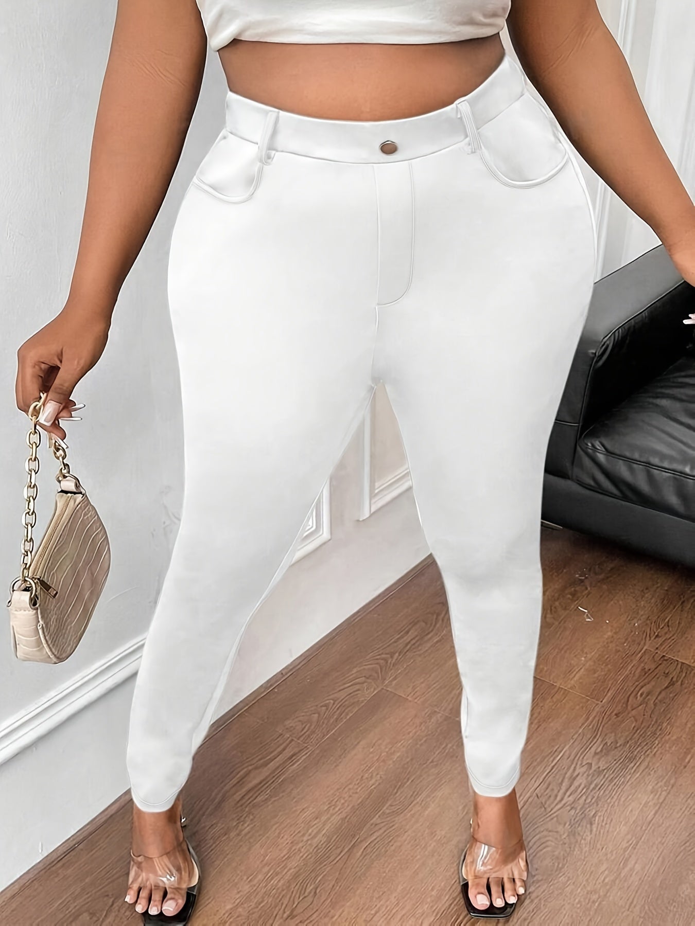 Ayollar uchun zamonaviy plussayz skinny shimlar, bir rangli, yuqori bel bilan cho'ntaklar, mashinada yuvish mumkin