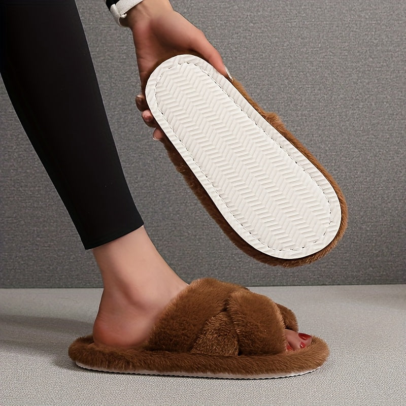 Women's Plush Non Slip Indoor Slip-On Slippers with Cross Straps