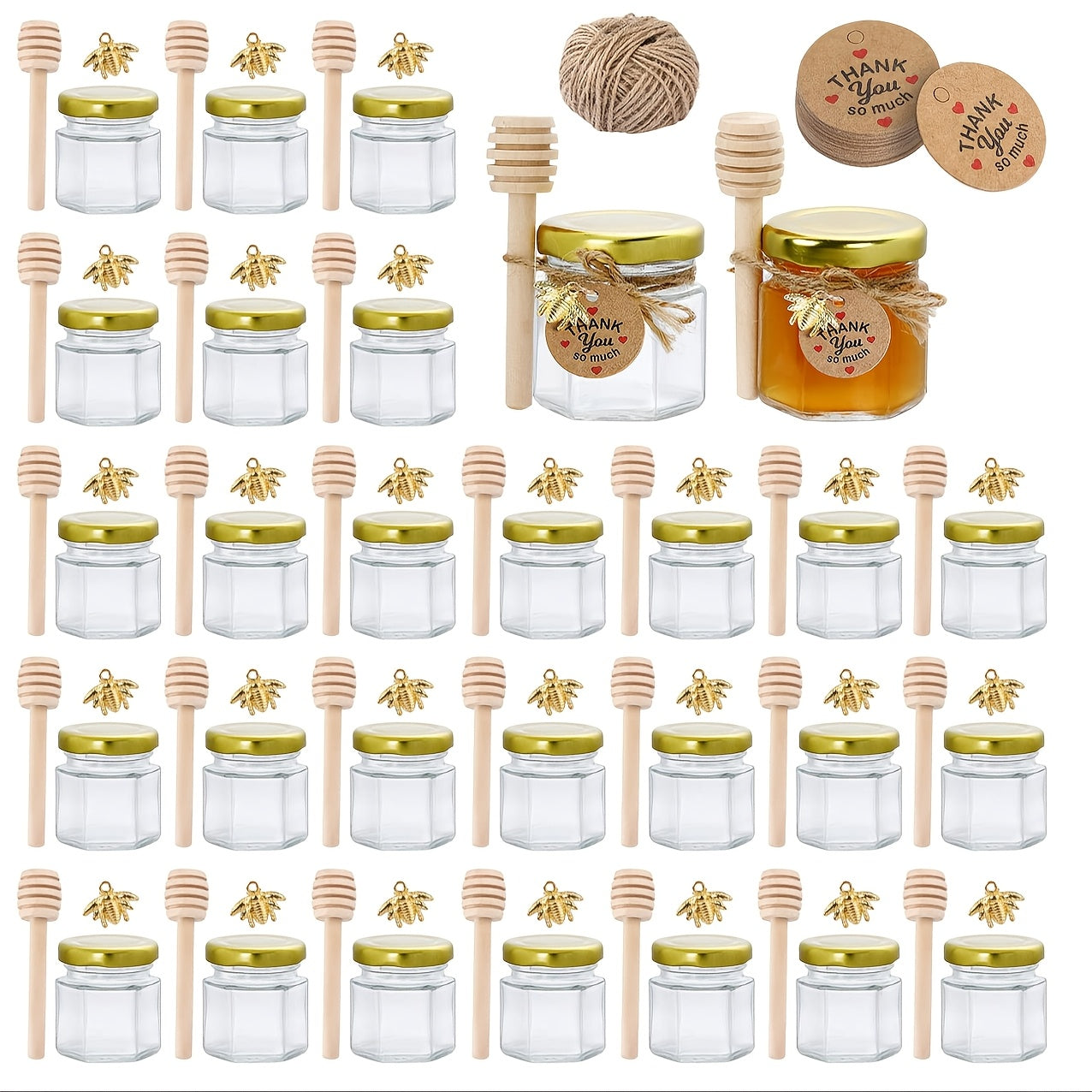 Small Hexagonal Glass Honey Jars 1.5 oz Sets of 20 30 50 or 60 with Spoons Bee Symbols and Thank You Cards