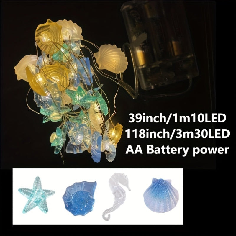 Luces de cadena con conchas, caballito de mar, estrella de mar y caracola, iluminación decorativa con LED y batería para fiestas, bodas y dormitorios