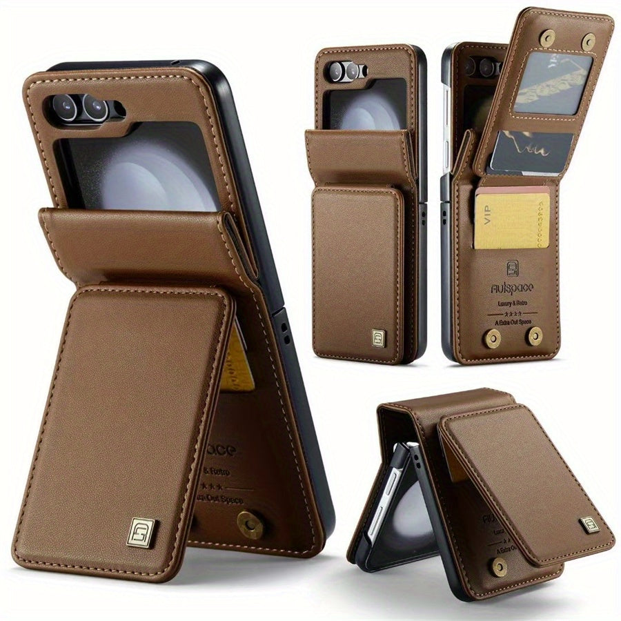 Leather Phone Case for Samsung Z Flip6 and Z Flip5 with Card Slot Drop Protection