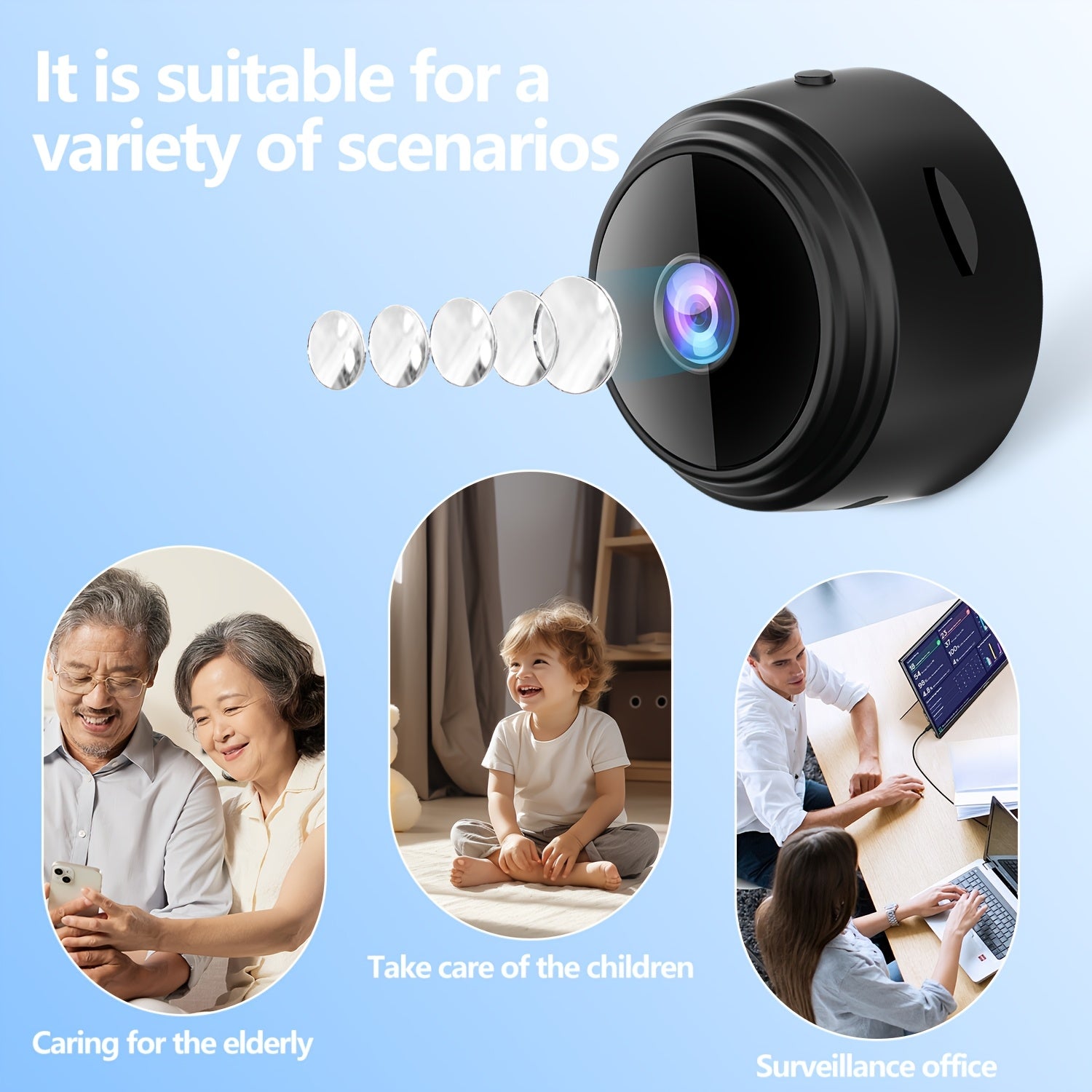 Маленькая беспроводная камера безопасности для внутреннего/внешнего наблюдения, с приложением для удаленного просмотра, USB питанием, перезаряжаемой батареей, функциями домашнего помощника и личного помощника по дому.