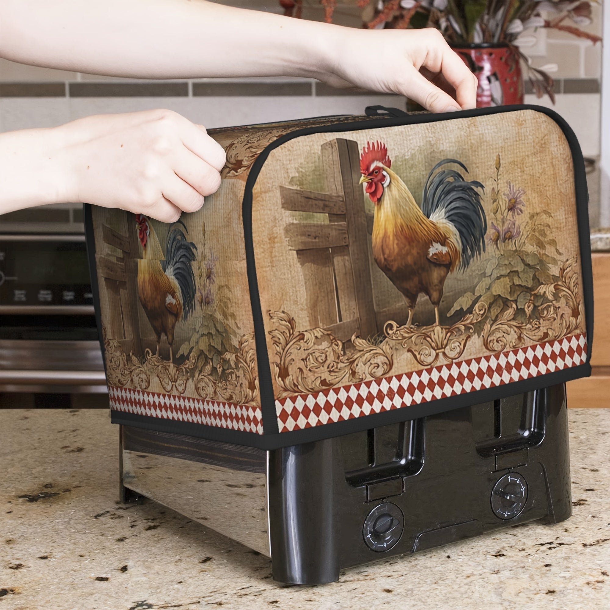 Vintage Rooster Print Toaster Covers Set for Small Kitchen Appliances 3 Pieces