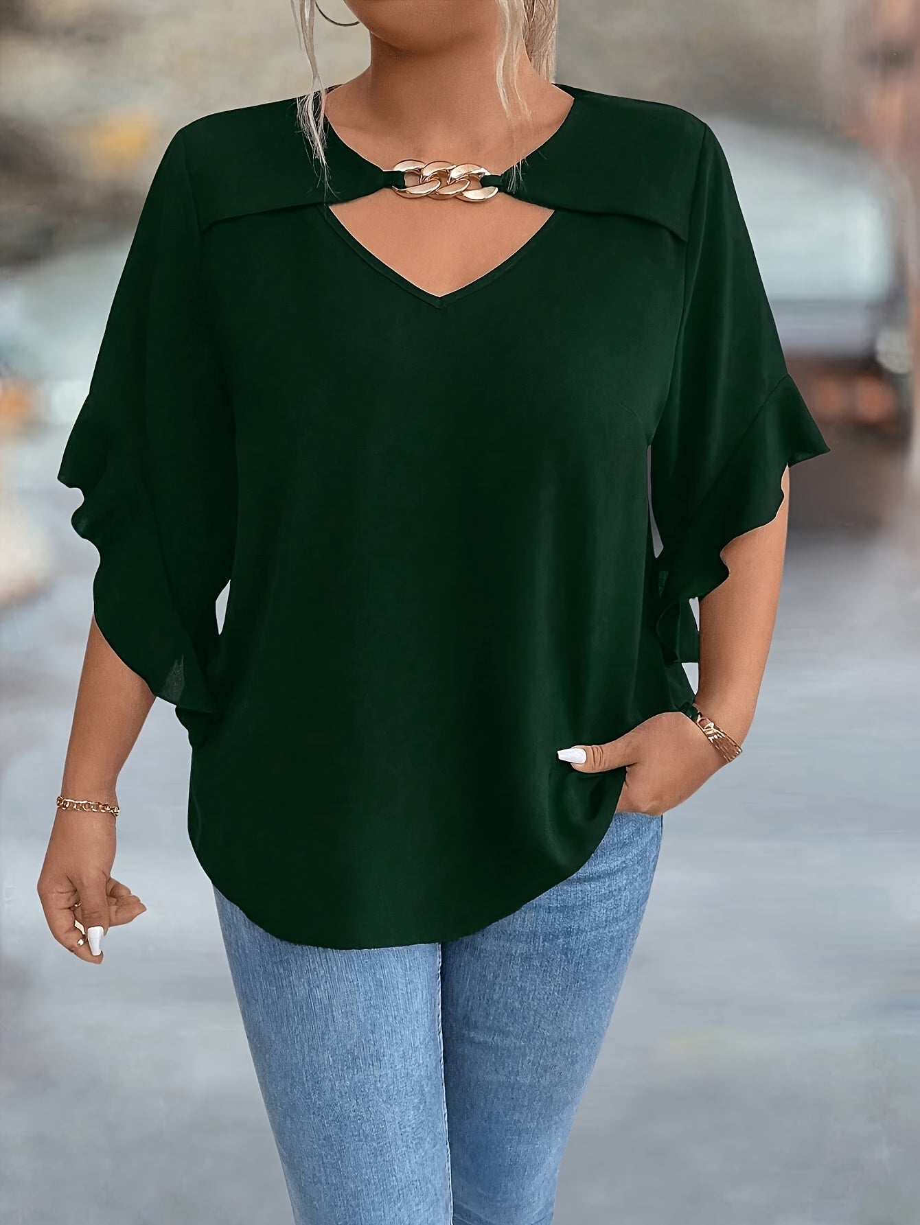 Plus-Size Black V-Neck Women's Top Polyester Spring Summer Shirting