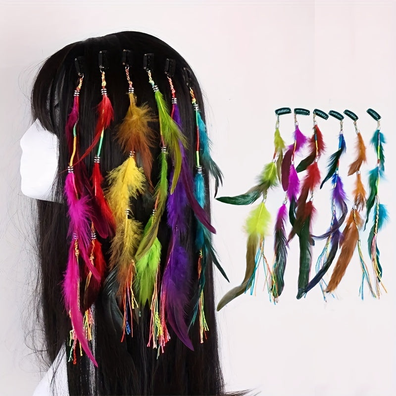 Handmade Hair Accessories Set with 6 Colorful Feather Tassel Hairpins for Women