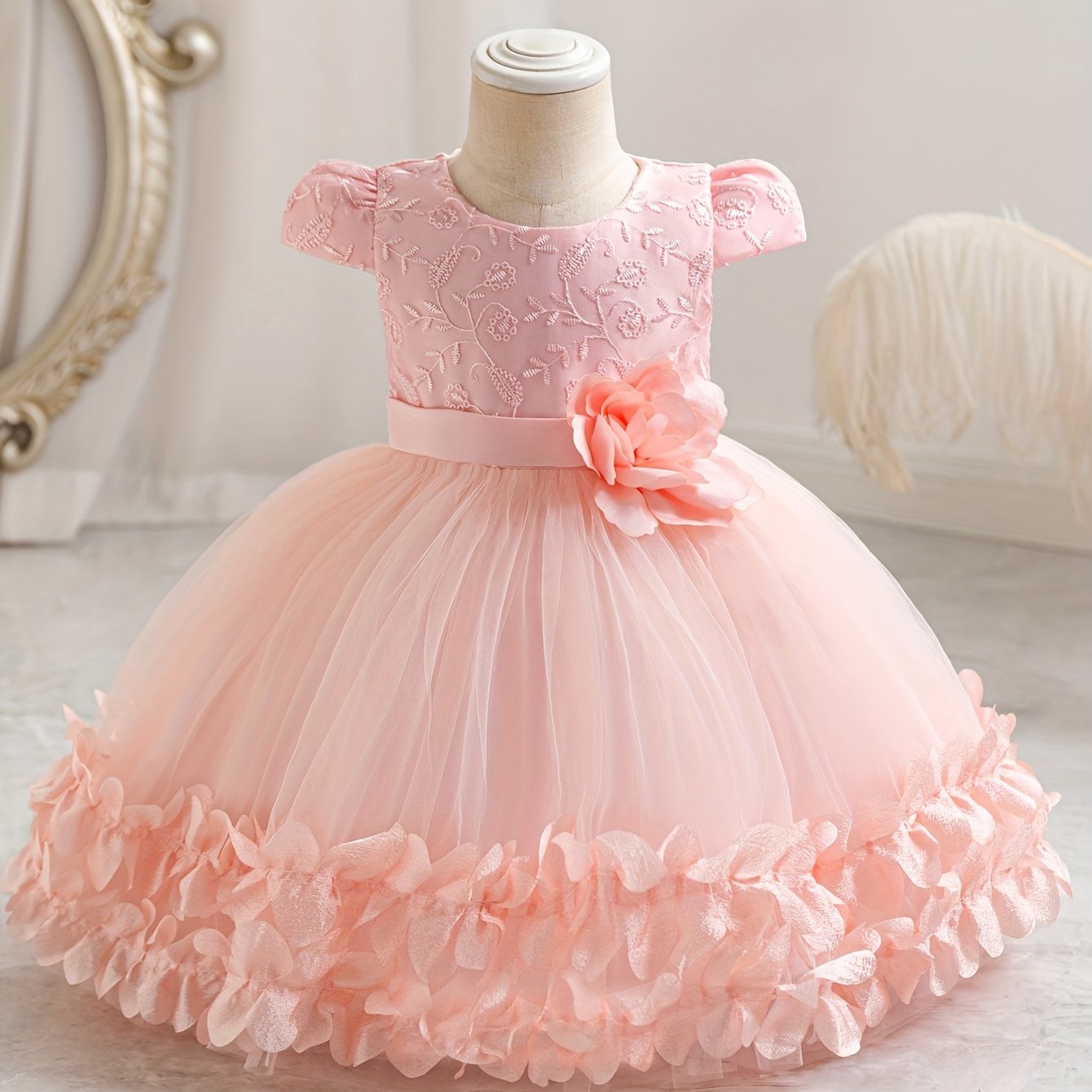 Vestido de princesa con malla para niñas pequeñas, con capucha de flores y mangas cortas para eventos formales