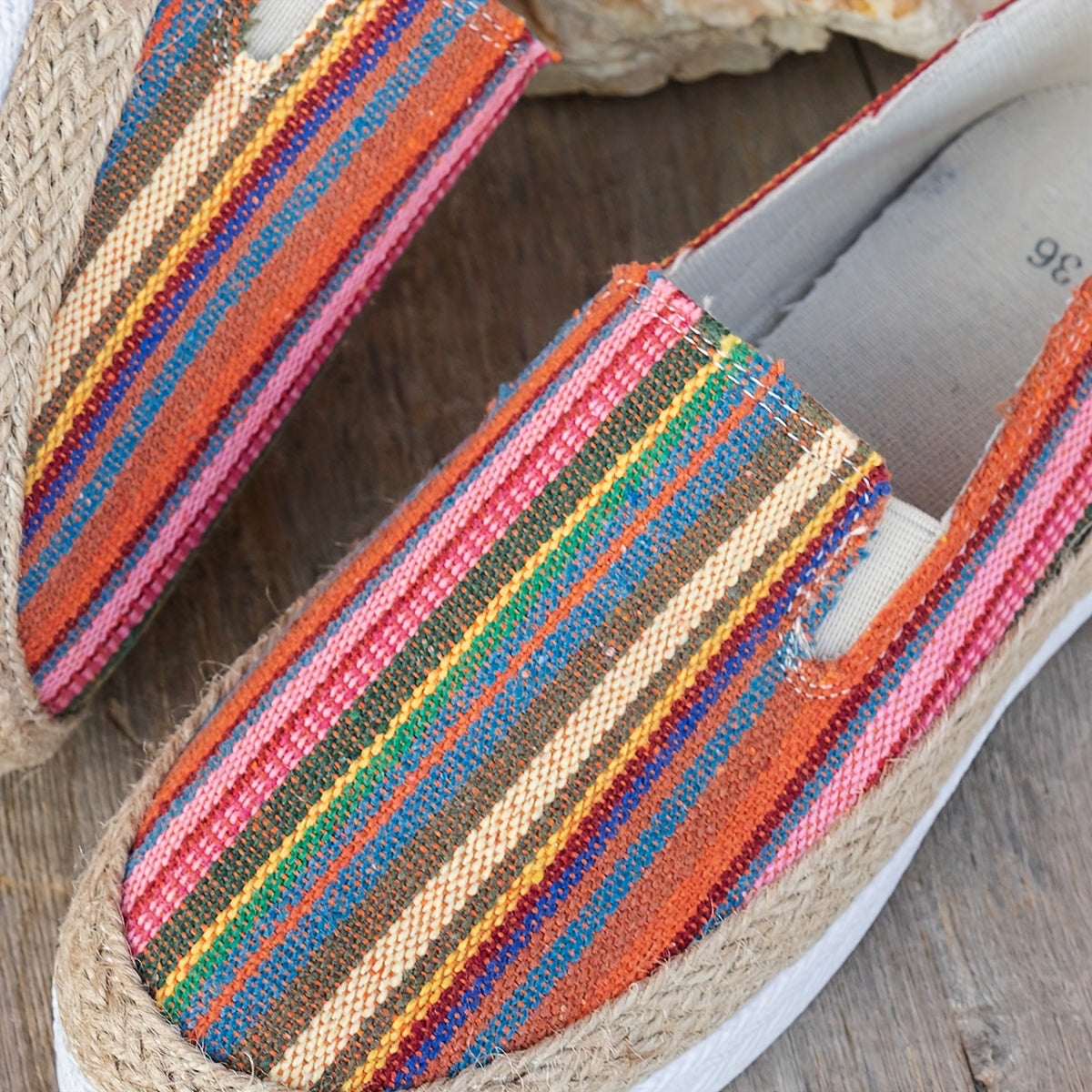 Women Bohemian Colorful Striped Flat Shoes Open-Toe Slip-On