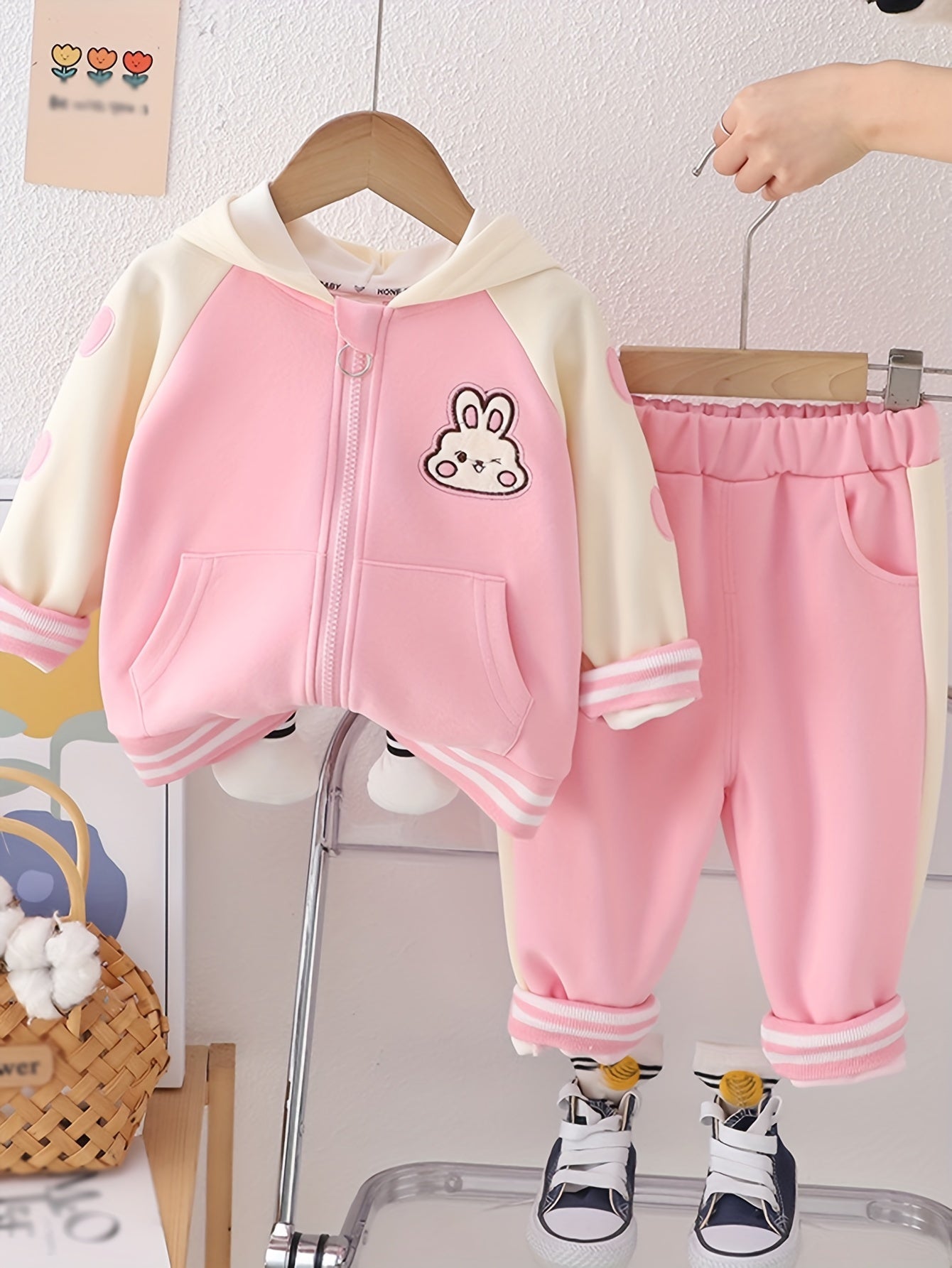 Girls Pink Bunny Hoodie and Pants Set Cotton Cartoon Spring Fall Comfortable Kids Clothing