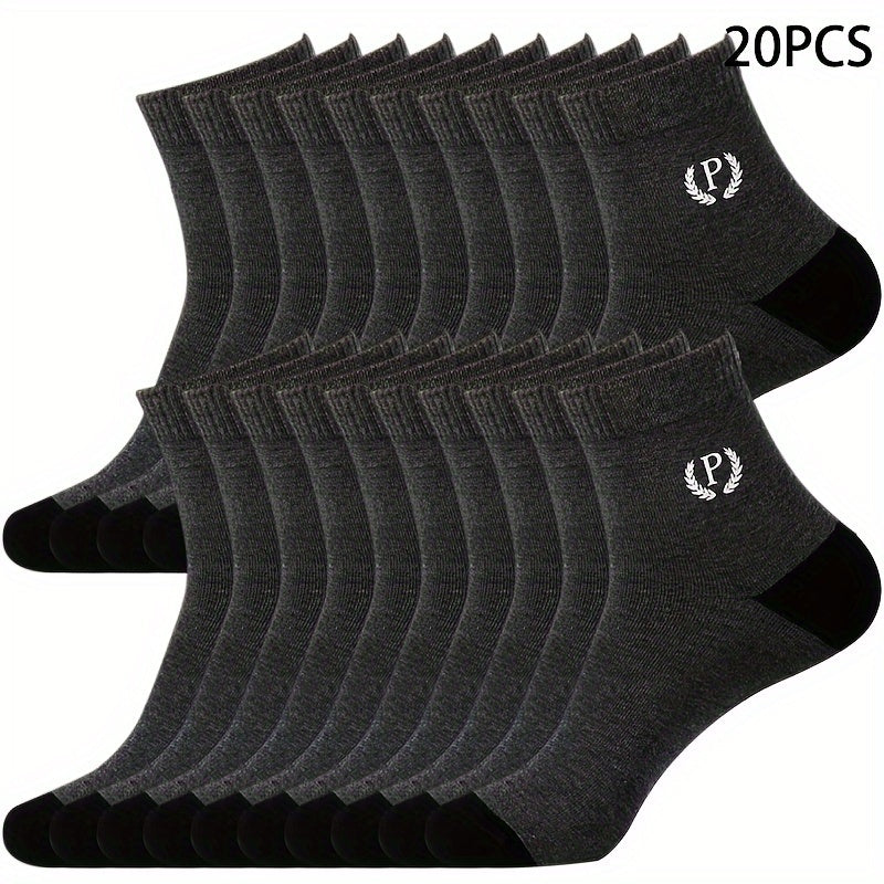 Men's Mid-Calf Socks Pack of 20 Solid Colors Breathable Casual Sports Polyester Spandex