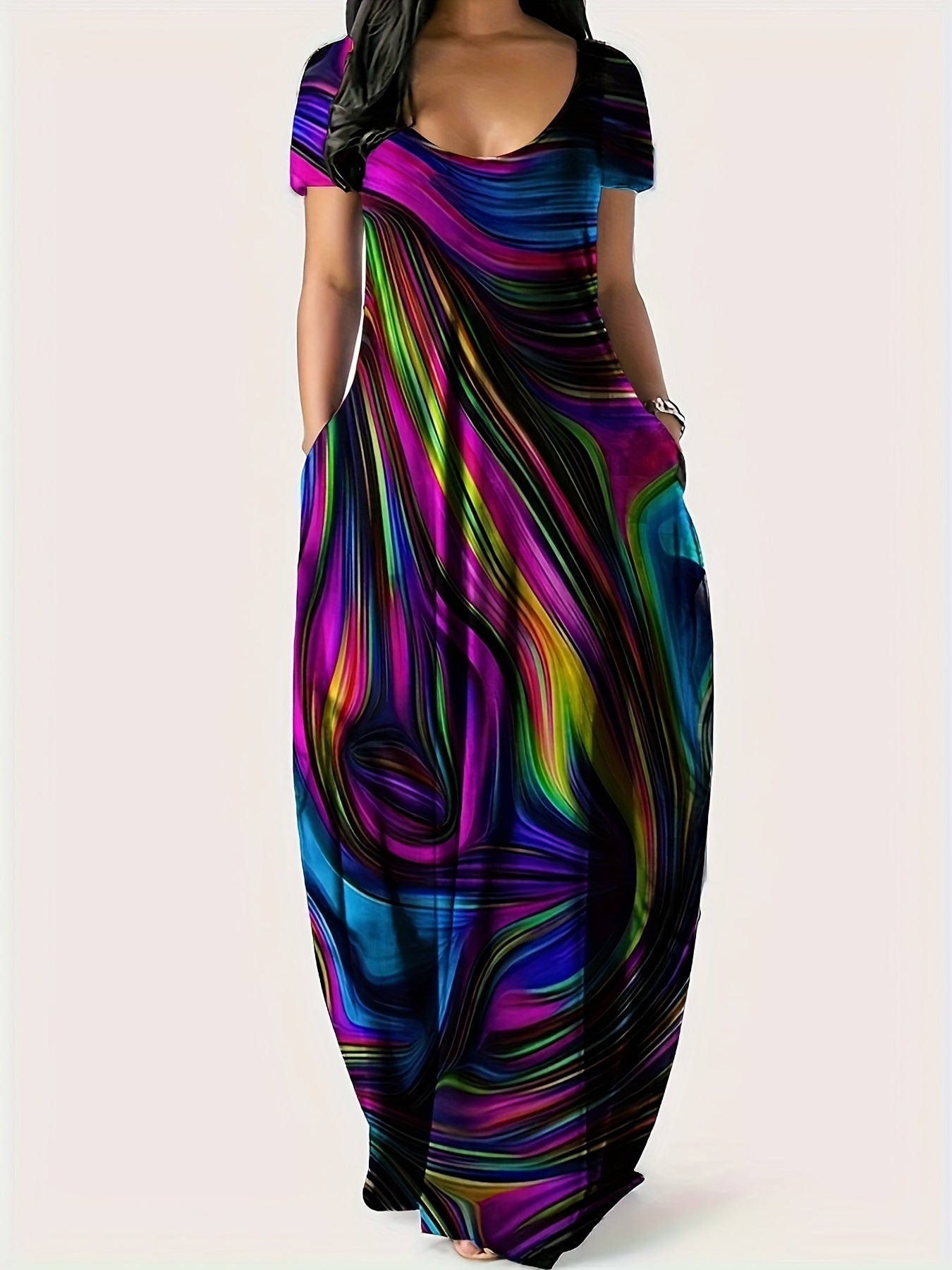 Платье-макси с геометрическим принтом для полных, полиэстеровое трикотажное, повседневное, свободного кроя, с карманами, для всех сезонов