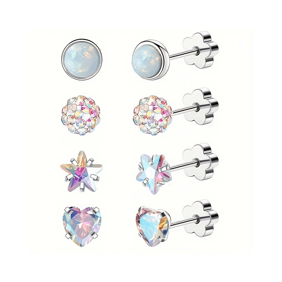 Hypoallergenic Flat Back Earrings for Women Men Girls Star Heart Protein Stone Silver Pink AB