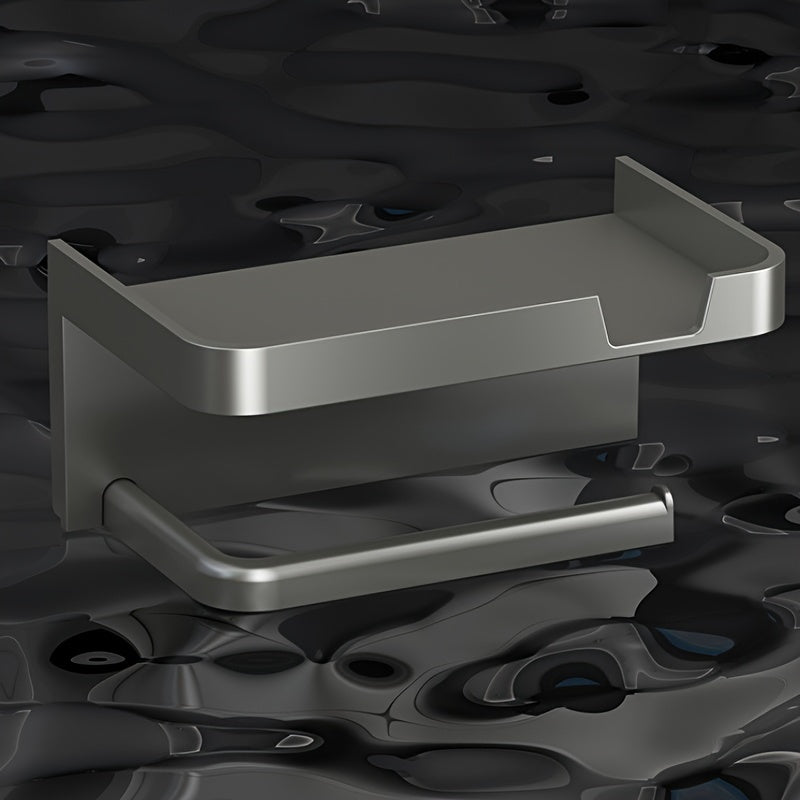 Portarrollos de papel higiénico de pared negro con estante para teléfono, instalación sin taladro