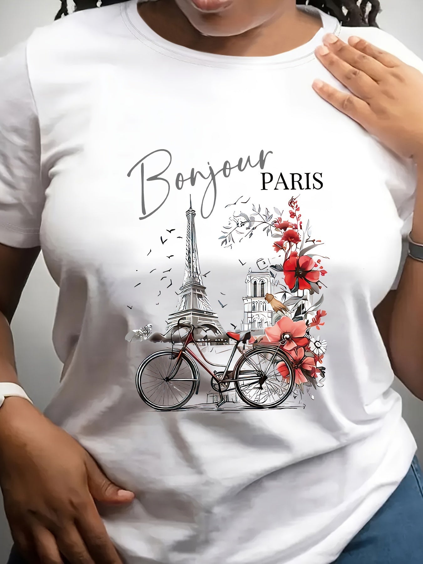 Camiseta de manga corta de verano casual con cuello redondo y estampado de París para mujer talla grande