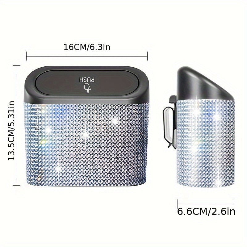 Cubo de basura colgante para interior de coche, incrustado con cristales de imitación, multifuncional y de almacenamiento