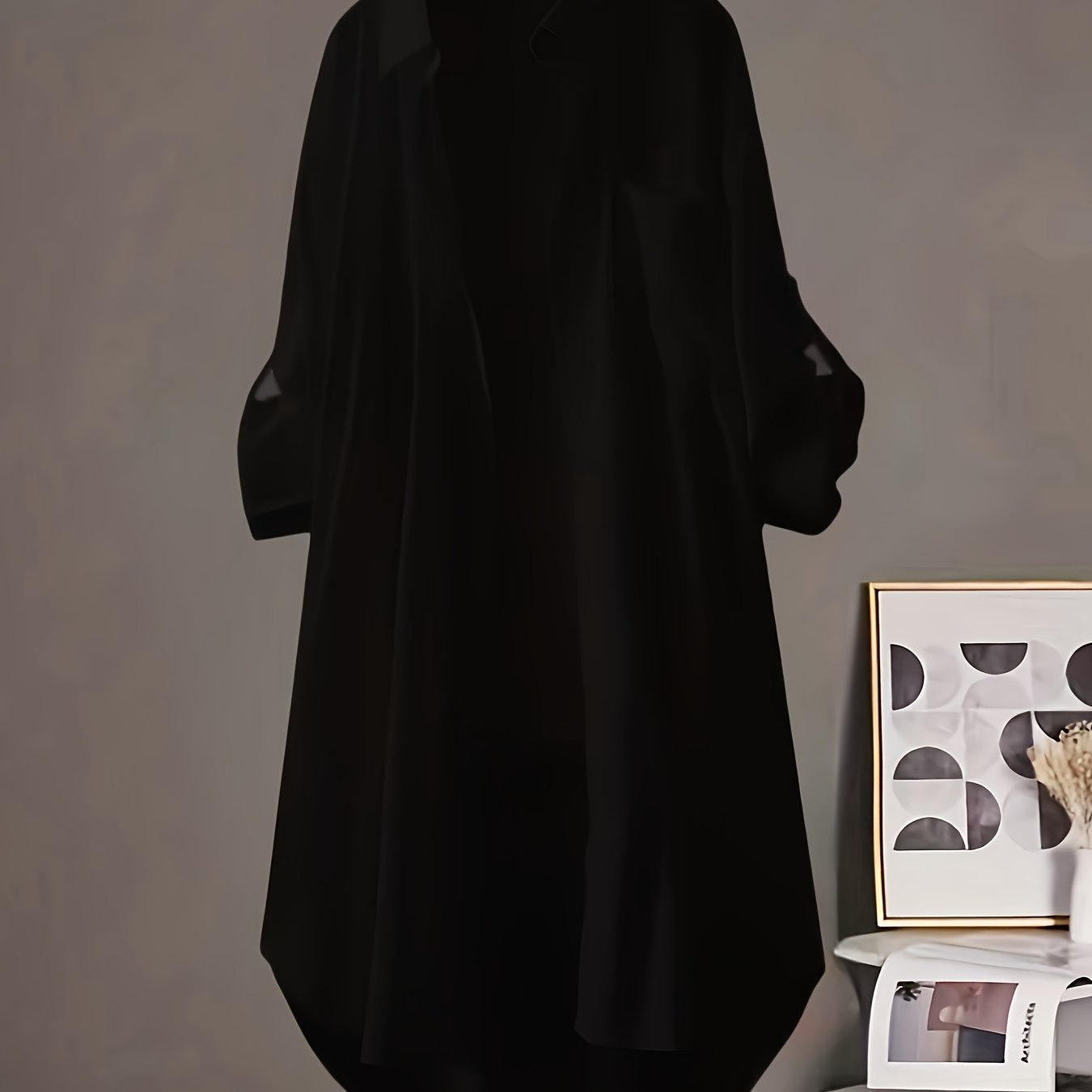 Блузка миди большого размера черная с длинным рукавом, легкий полиэстер спандекс для весны и лета