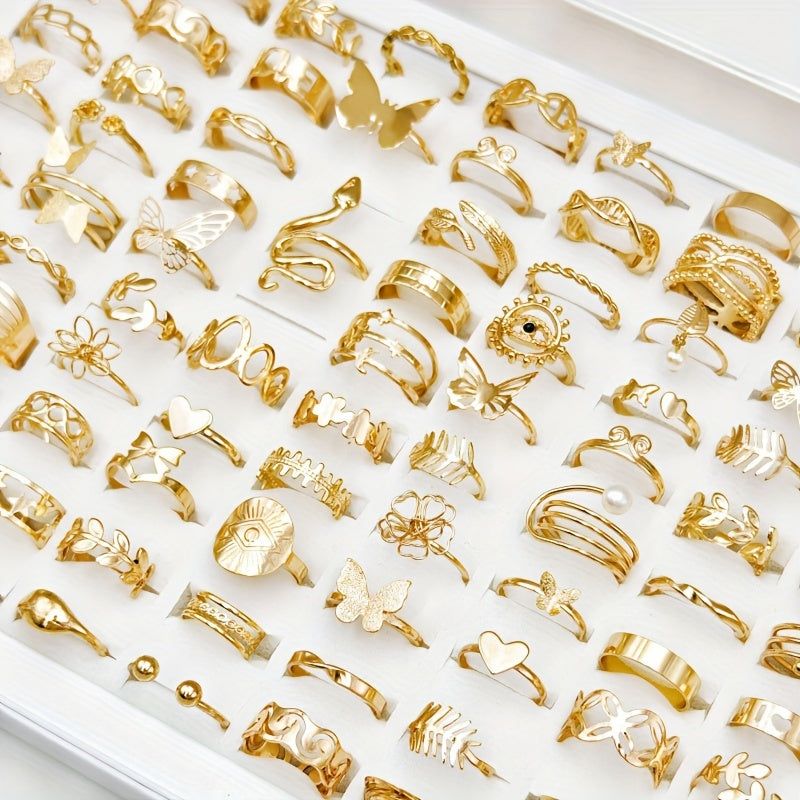 50 ta Ayollar uchun Hashamatli Oltin Qotishma Halqalar to'plami - Nafis va Qadimiy Qush va Ilon Dizaynlari bilan - Oddiy kiyim va Maxsus tadbirlar uchun ideal