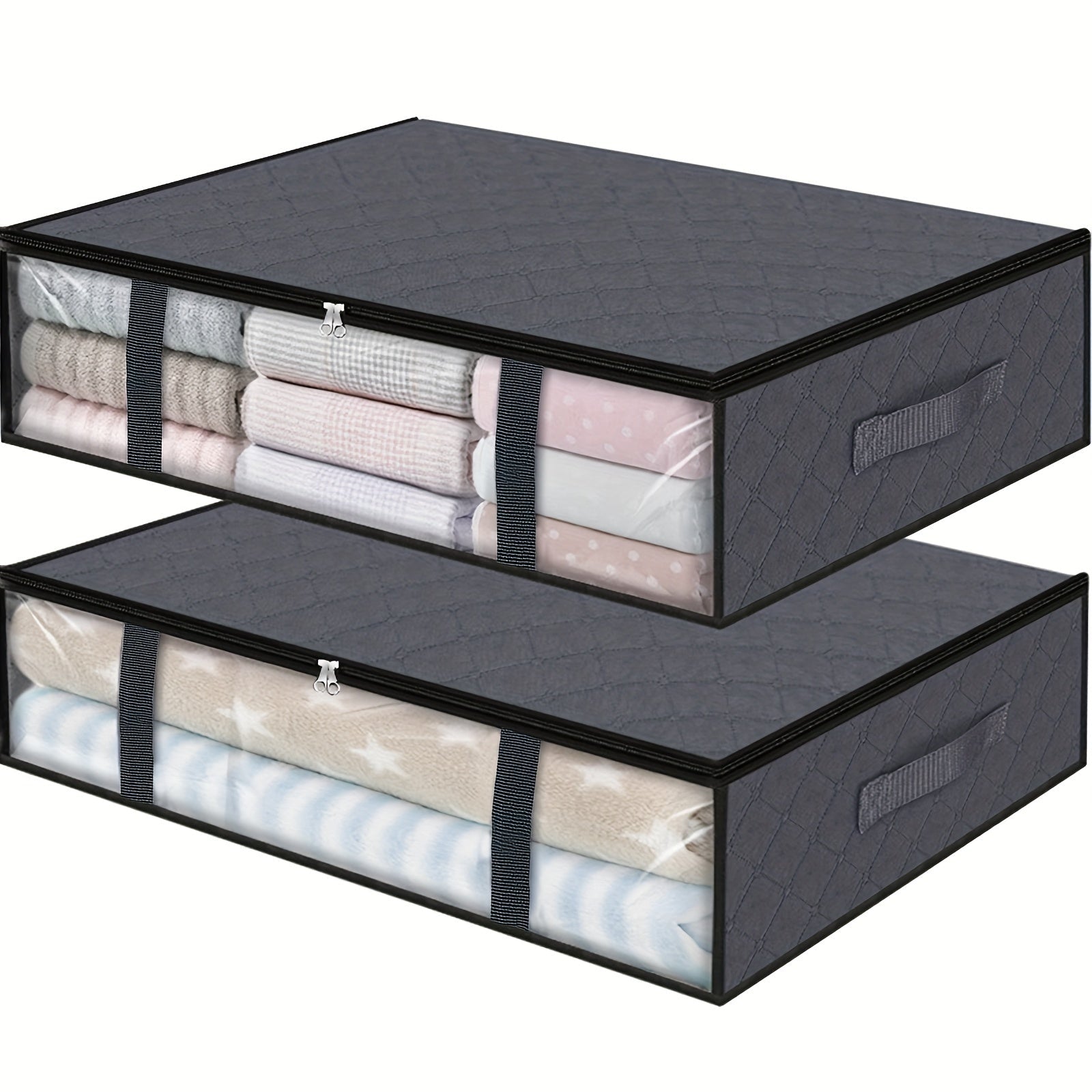 Large Capacity Under-Bed Clothes Storage Organizer Foldable Box Clear Window 2 Pack