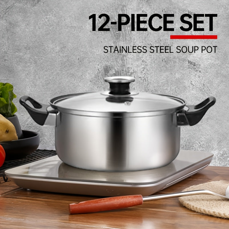 Набор посуды из нержавеющей стали на 12 предметов с кастрюлями для супа, молочными кастрюлями и чайником, отделка под натуральное дерево