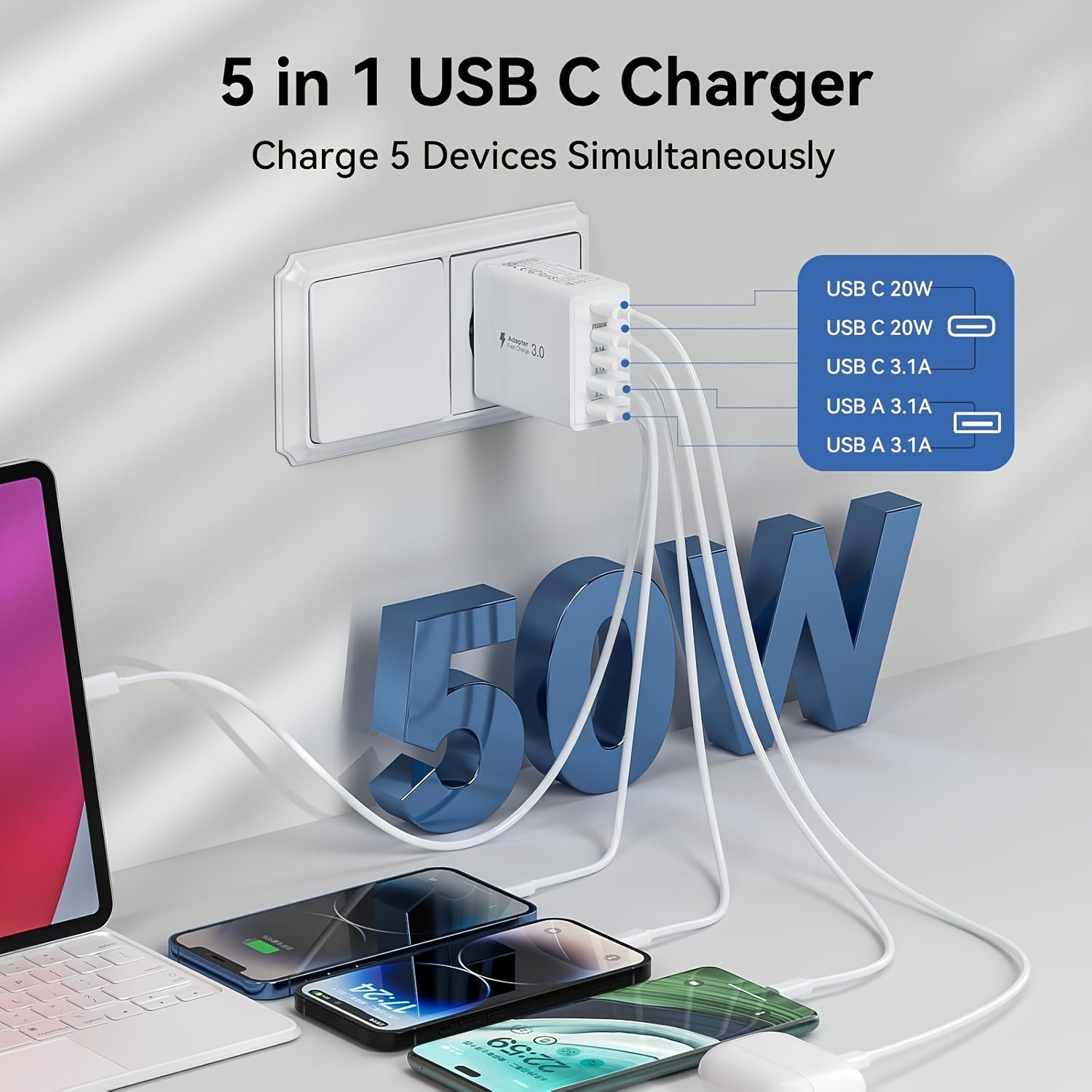 50W USB-C зарядка блоки, 5 портли тез зарядлаш EU ўтказгичи планшетлар ва смартфонлар учун