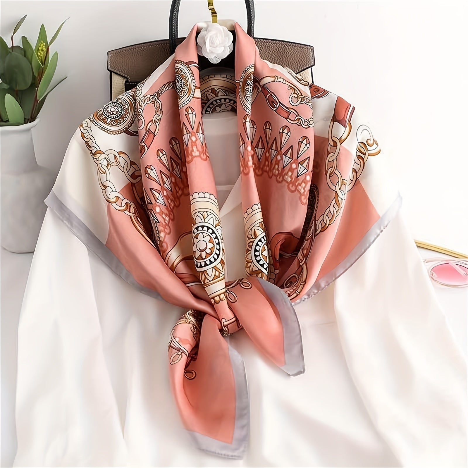 Square Satin Scarf with 4-Color Print 89.99cm Casual Summer Head Wrap