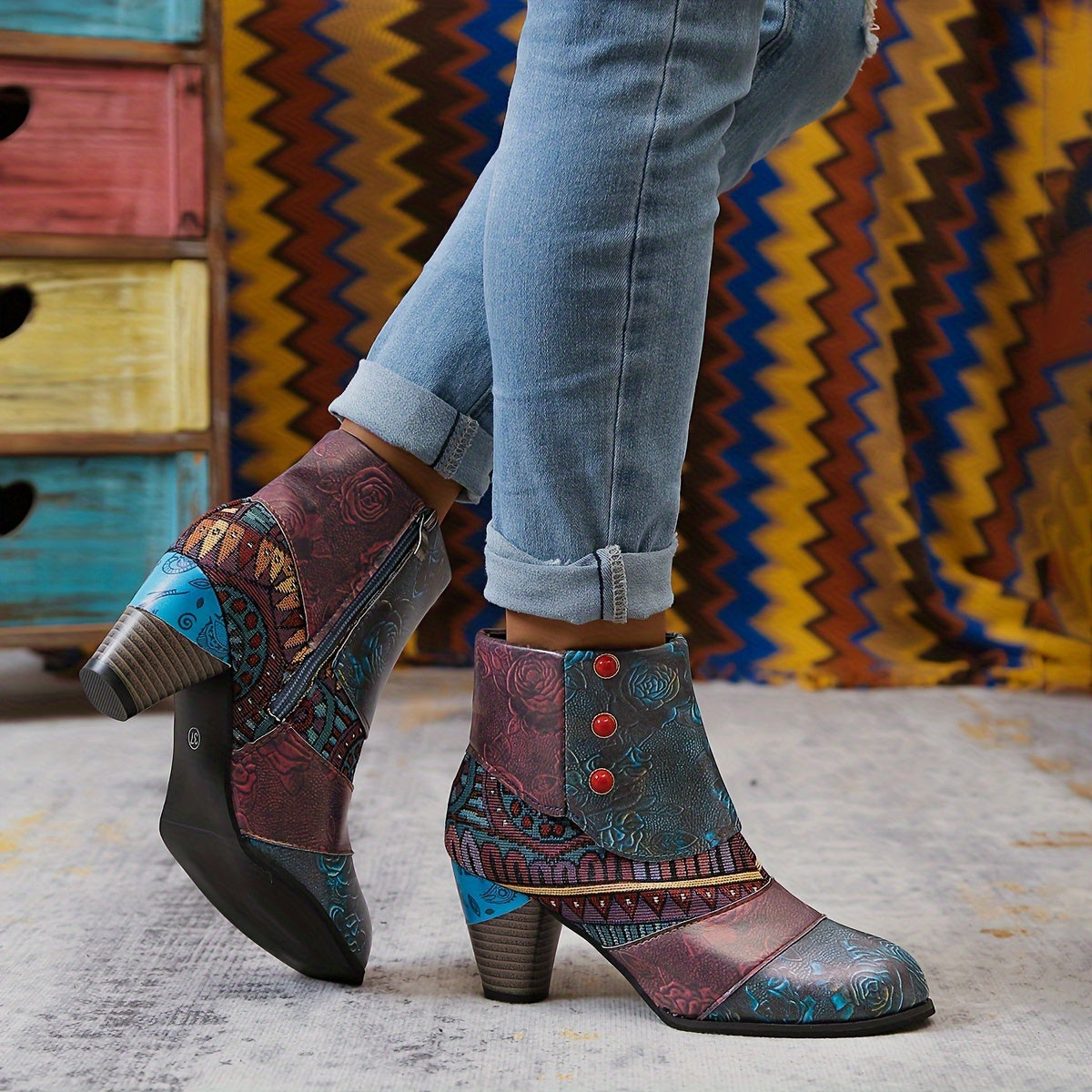 Women's Floral Ankle Boots Faux Cover Side-Zip Chunky Heel