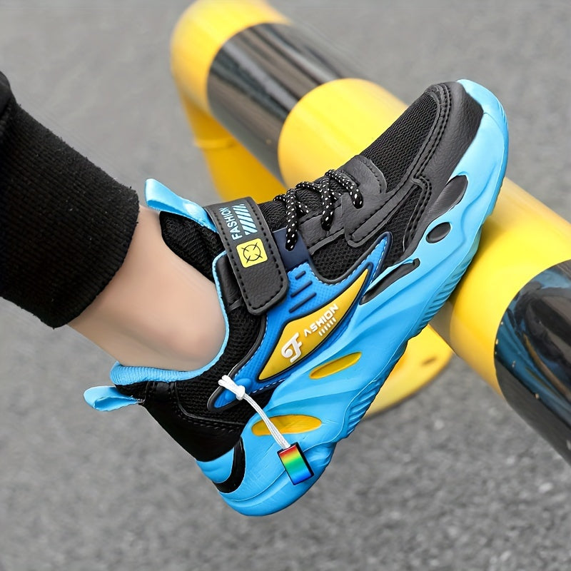 Boys' Breathable Running Sneakers with Geometric Pattern, Soft EVA Sole, Hook-and-Loop Closure