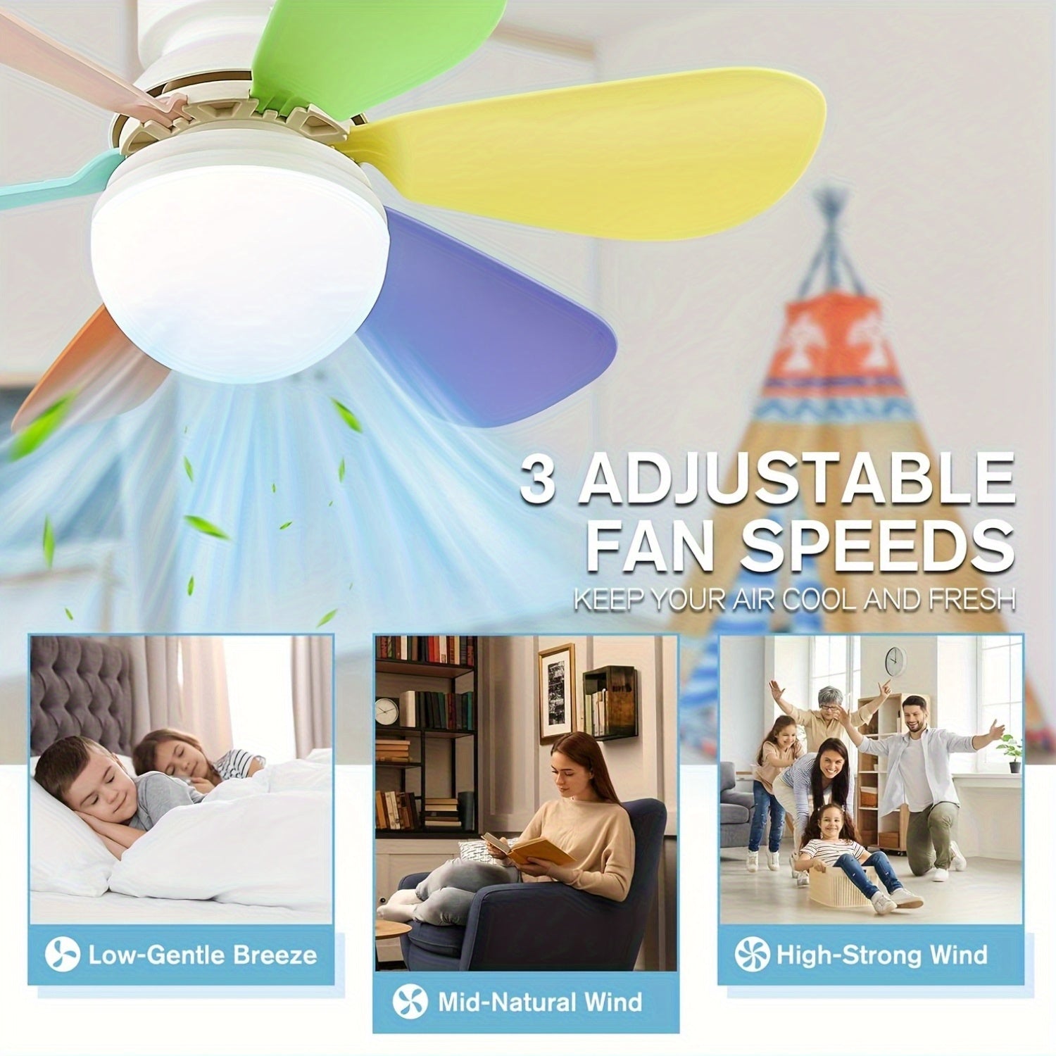 Lámpara de ventilador de techo de 3 velocidades con control remoto 41.91cm 52.07cm Regulable 3000K-6500K Temporizador