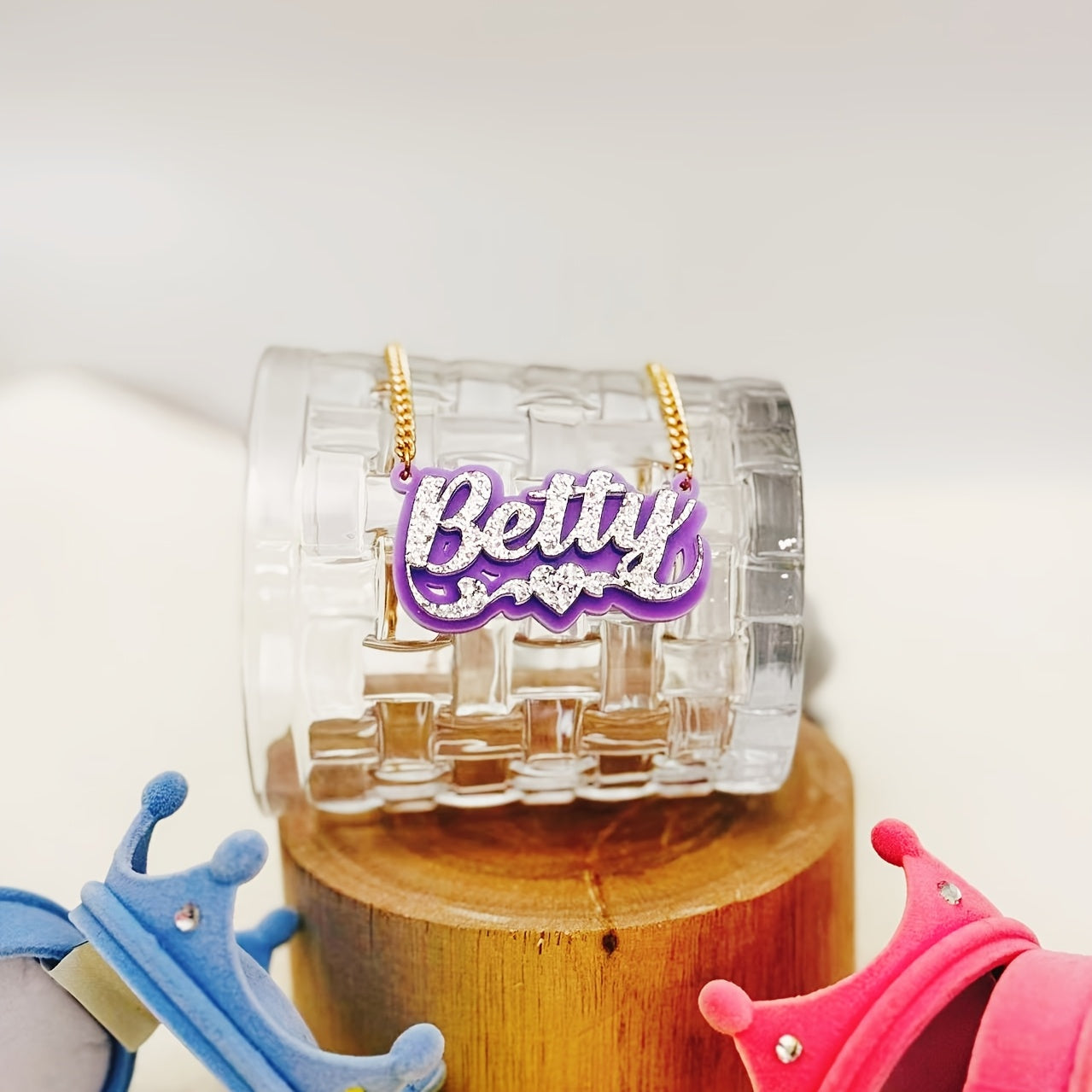 Personalized Acrylic Name Necklace with Heart Lace and Custom English Nameplate in Multiple Colors