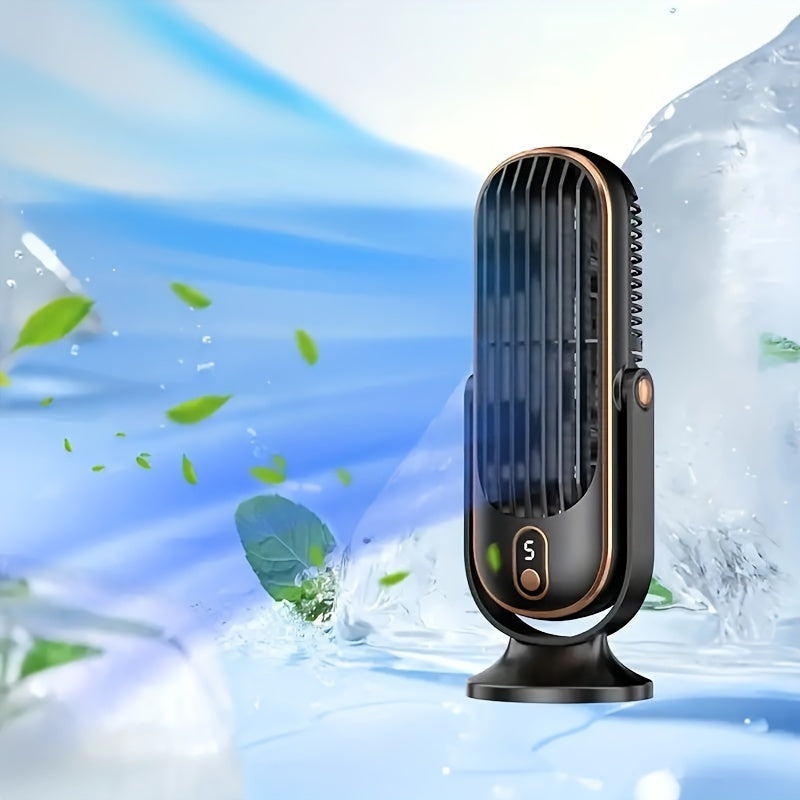 Compact USB rechargeable desk fan with dual blades 5-speed control for office bedroom use