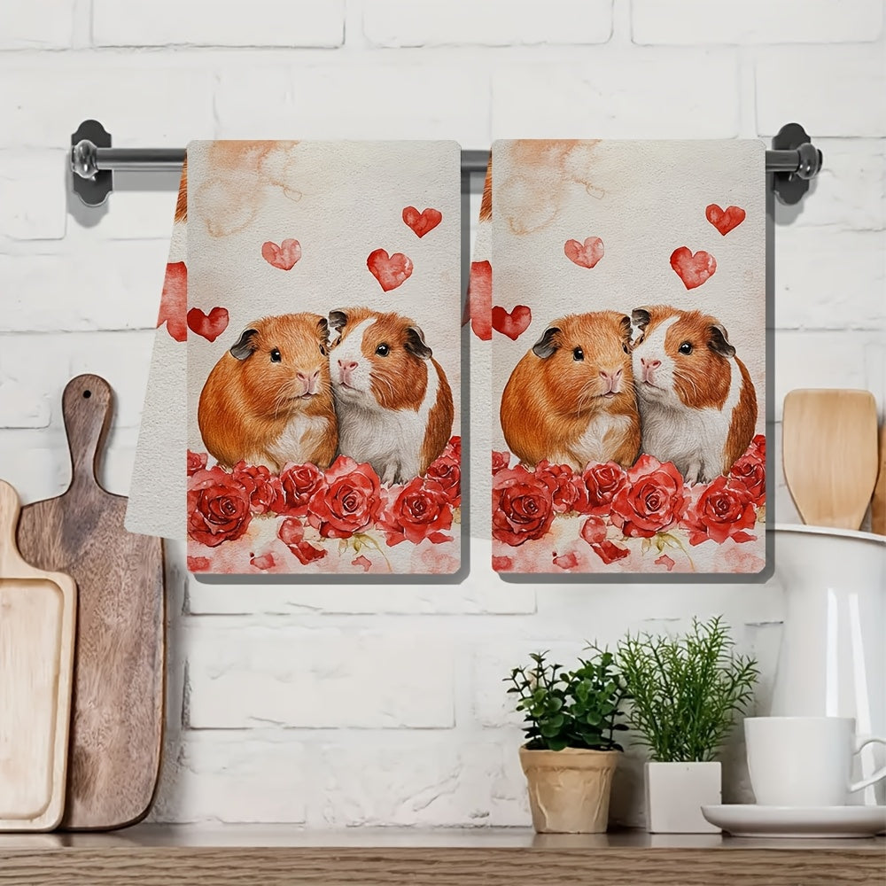 Guinea Pig and Rose Kitchen Towels Set, Soft Absorbent, 40x60 cm, Machine Washable