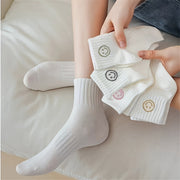 Mujeres calcetines cortos 5 pares con estampado de cara de dibujos animados, calcetería ligera de punto