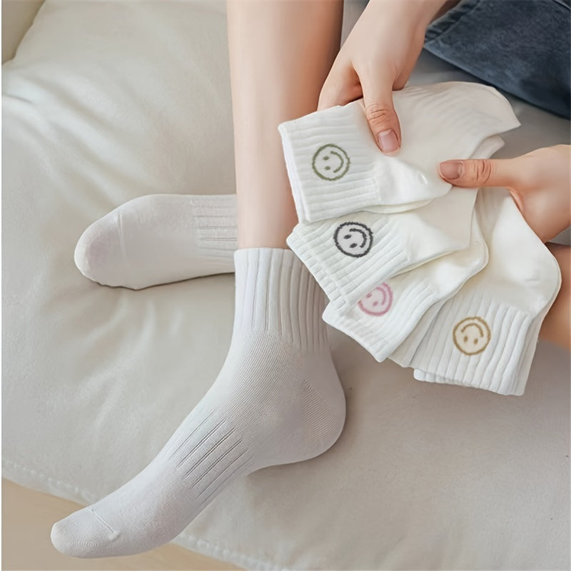 Women’s Short Socks 5 Pairs Cartoon Face Print Lightweight Knit Hosiery