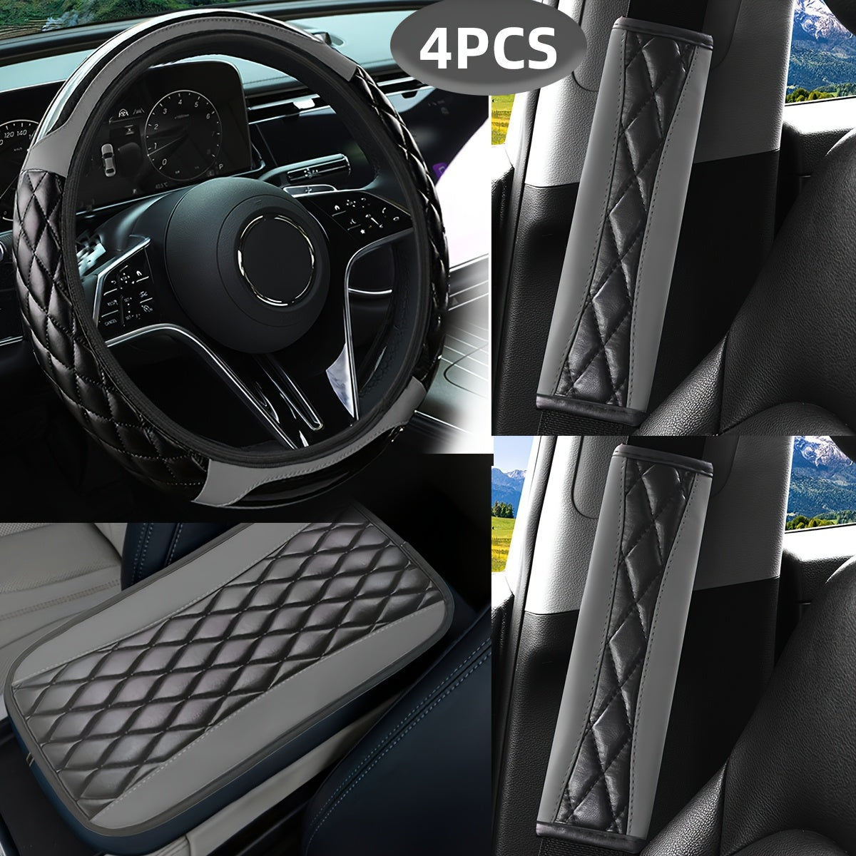 Juego de interior de coche de fibra de carbono para unisex incluye cubierta de volante, cubierta de cinturón de seguridad y almohadilla de reposabrazos