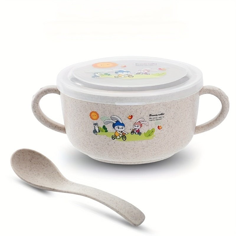 Kids Insulated Cartoon Bowl with Cutlery and Lid for Snacks and Fruits
