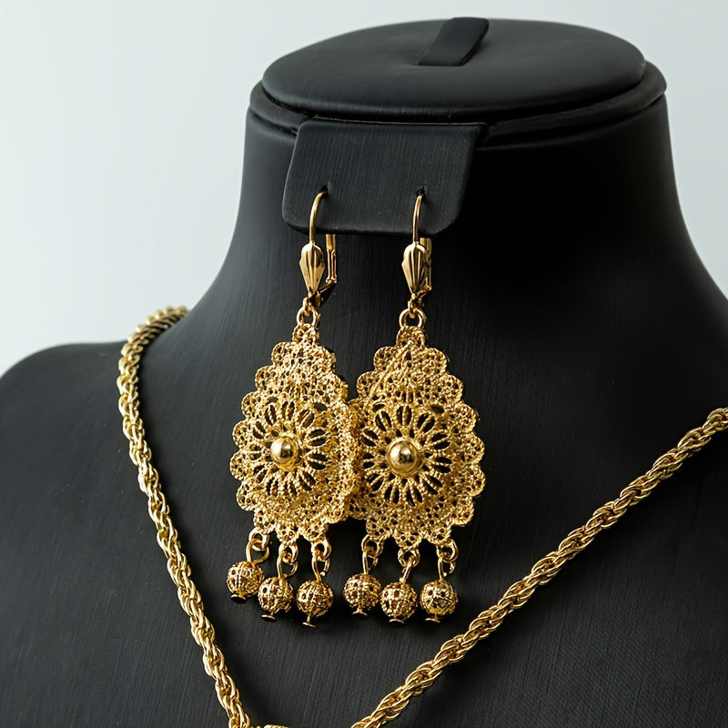 Vintage Gold Plated Jewelry Set with Double Layer Pendant and Earrings for Weddings and Gifts