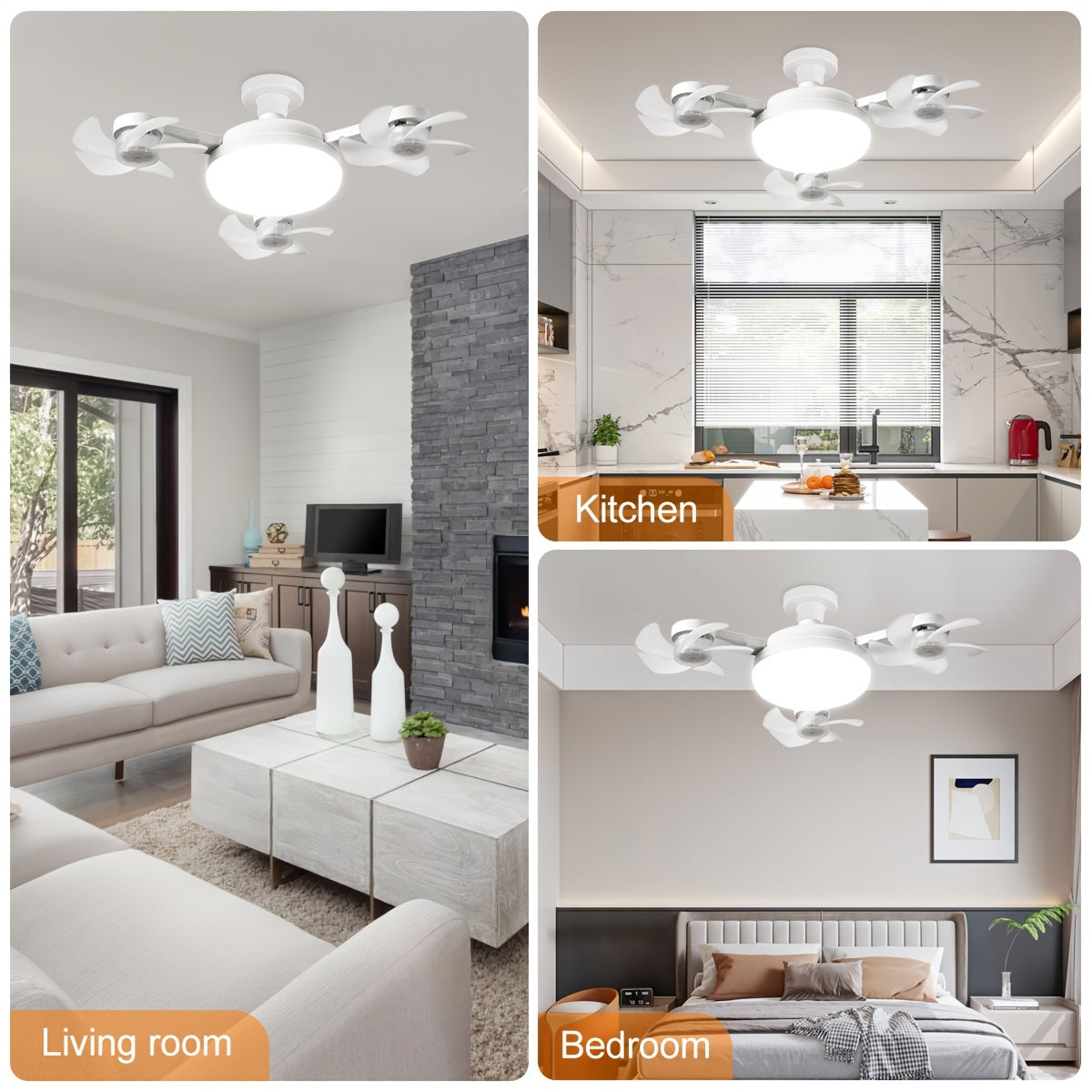 Compact ceiling fan with white 3-head design lamp remote control three speed settings simple installation