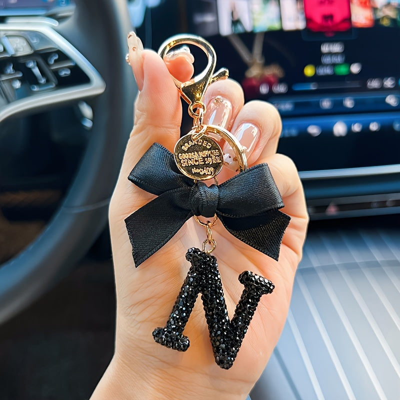 Black Bow and Rhinestone Alphabet Keychain Alloy Cartoon Charm for Bags and Cars