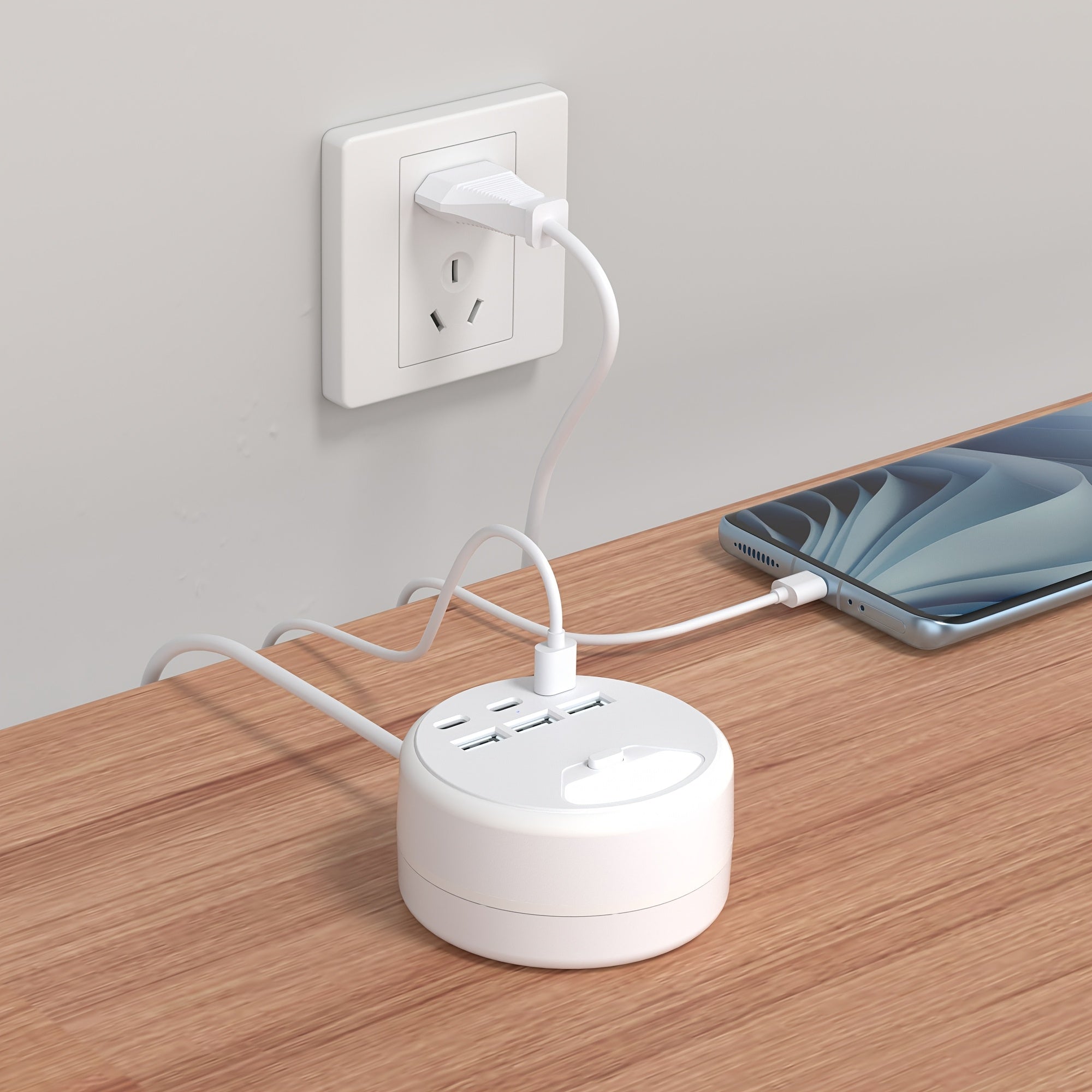 Estación de carga USB de 6 puertos con 3 puertos USB-A y 3 puertos USB-C, cable de extensión ultrafino para viajes y oficina en casa