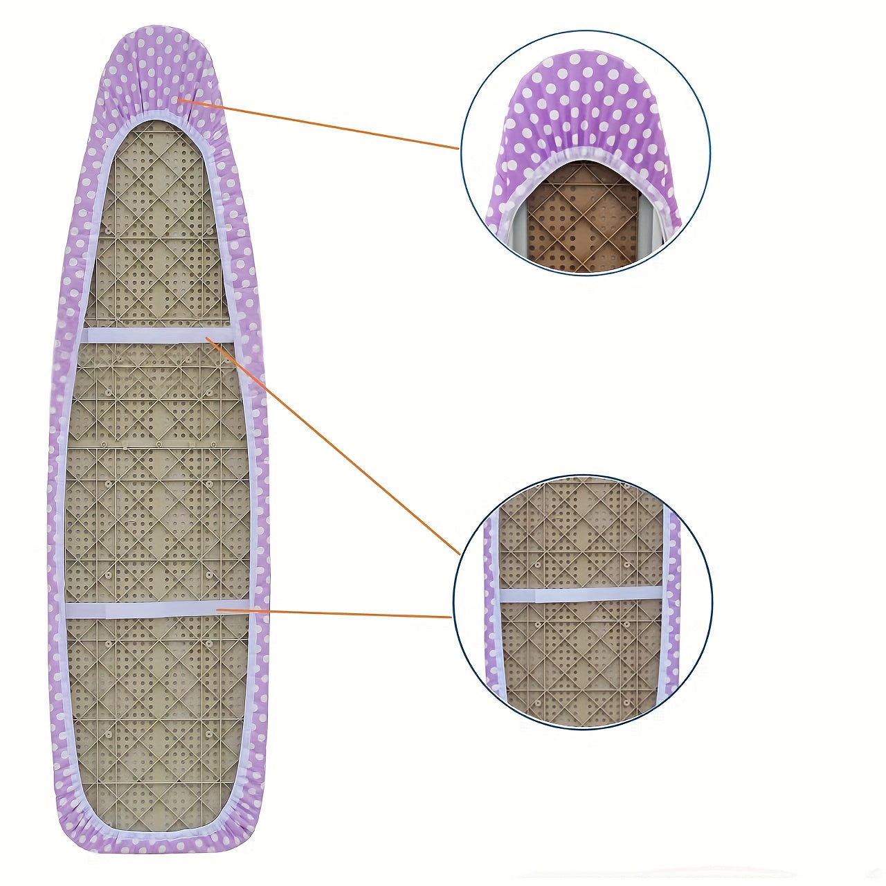 Binafsha rangli asos qopqog'i, oq nuqtalar bilan bezatilgan, yonish va dog'lanishdan himoya qilish uchun titanium qoplamasi bilan kuchaytirilgan. U xavfsiz joylashish uchun elastik chetlarga ega va orqasida ikkita mahkamlagich mavjud.