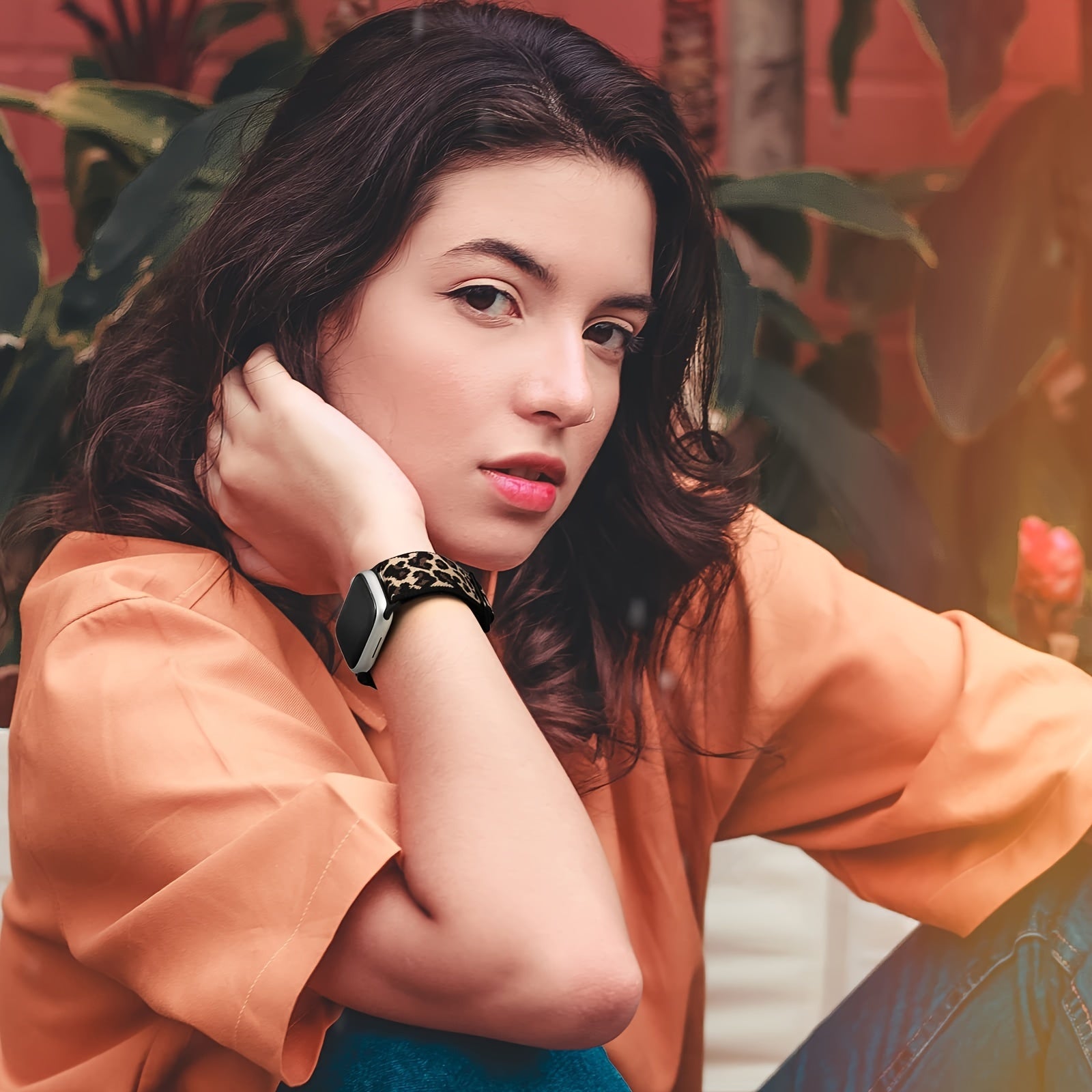 Nylon Braided Leopard Print Watch Band for Apple Watch Adjustable Size No Battery