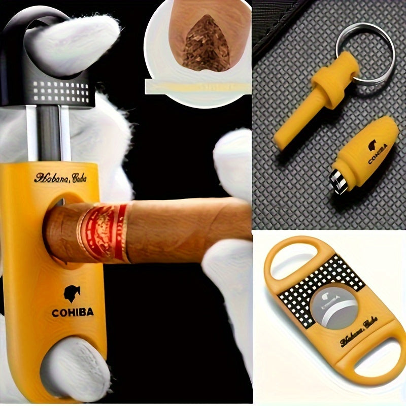 3Pcs Stainless Steel Tobacco Cutter Set Portable Sharp Punch Keychain Yellow