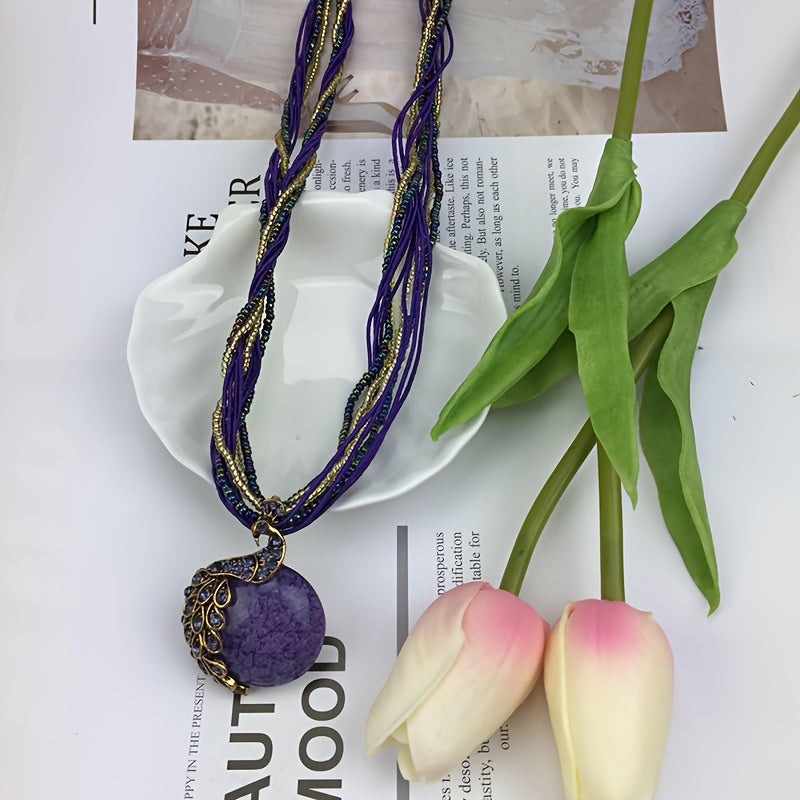 Vintage Alloy Peacock Leaf Gemstone Pendant Necklace Boho-Chic Jewelry