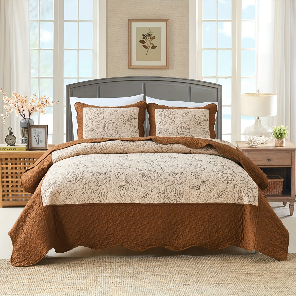 Red Quilt Cover Bedding Set with Flower Pattern Includes Bedspread and Pillowcases for Double Bed