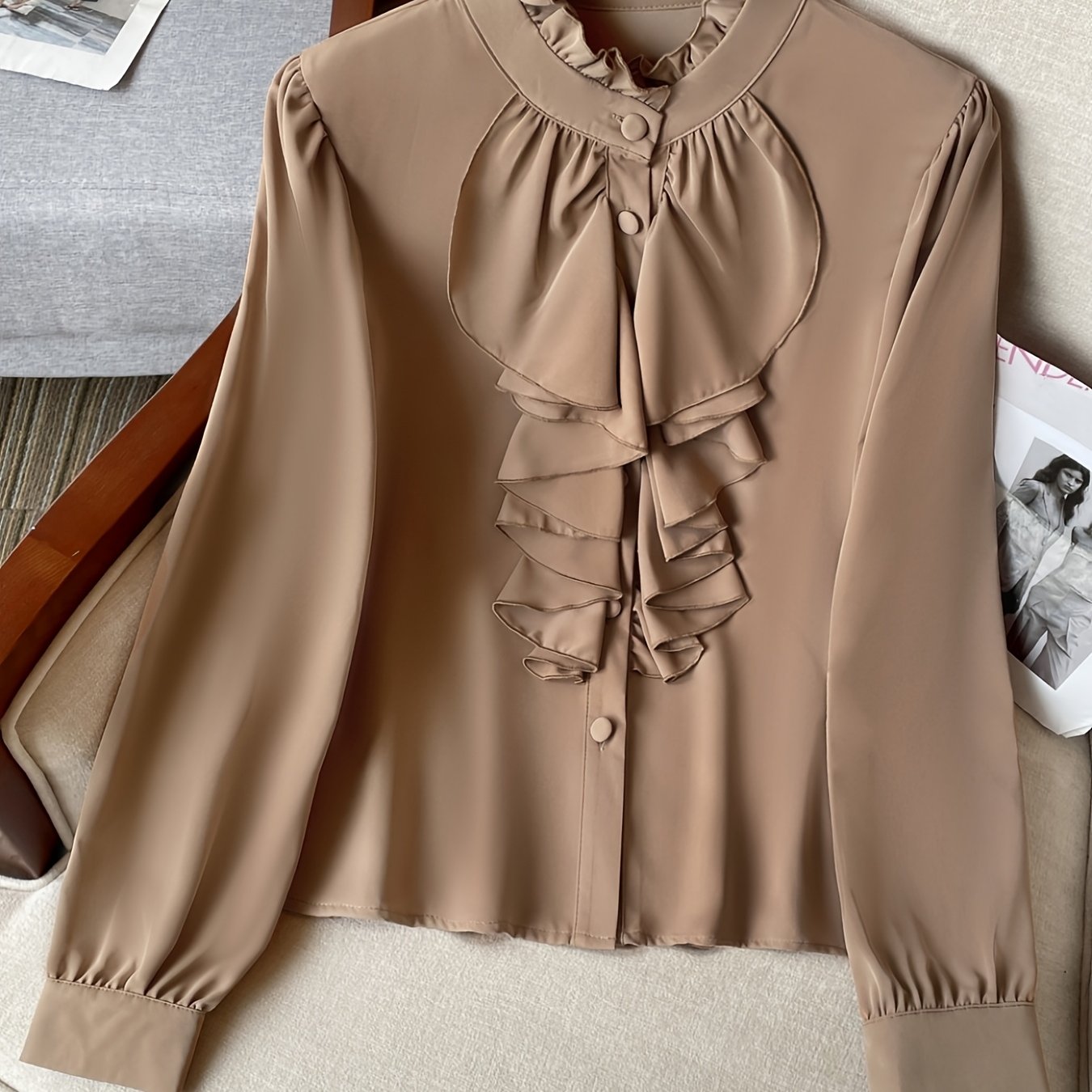 Women's Polyester Blend Blouse with Ruffle Detail and Stand Collar