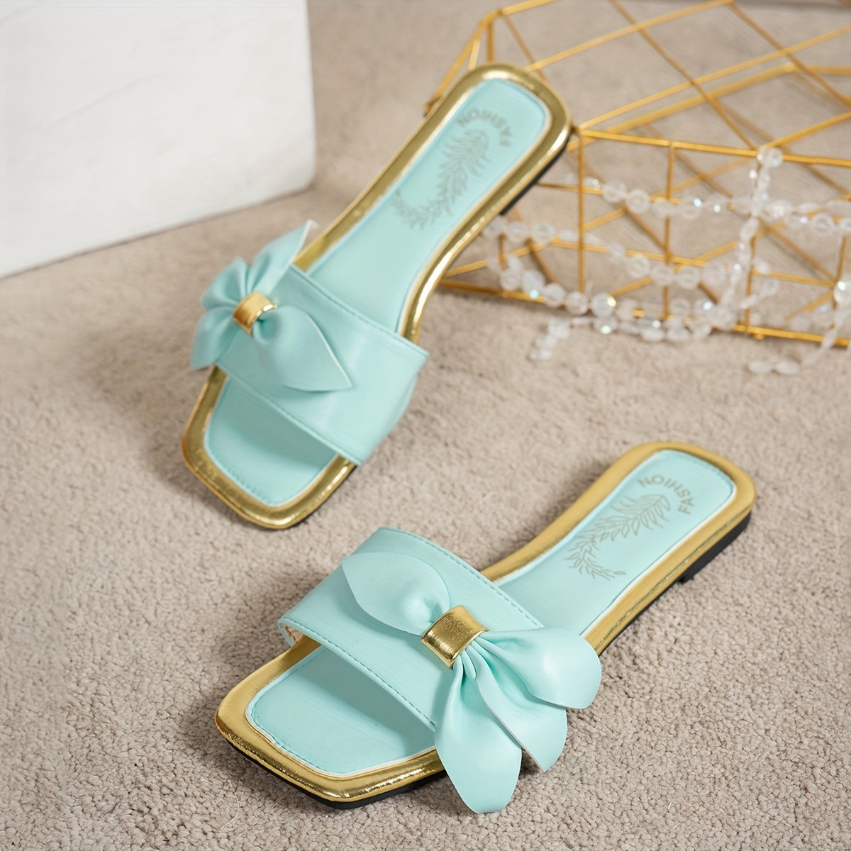 Women's Leather Square Toe Flat Sandals Bow Embellished Casual Vacation